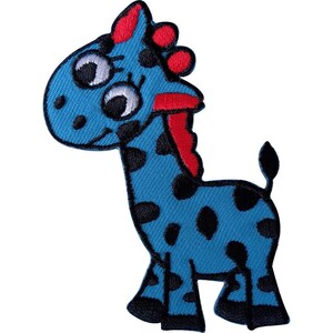 May include: An embroidered iron-on patch shaped like a cartoon giraffe. The giraffe is bright blue with black spots, a red mane, and large white eyes with black pupils. It has a long neck, a small tail, and a black stitched border outline.