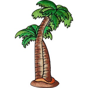 May include: An embroidered patch featuring a palm tree with a tall, textured brown trunk and vibrant green fronds. The base of the tree is depicted as a small, rounded mound of light brown and orange earth, creating a detailed tropical plant design.