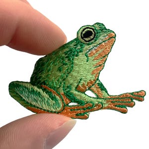 May include: An embroidered patch featuring a frog in profile, rendered in shades of bright green and light green with orange accents on the legs and throat. The frog has a prominent black eye and detailed stitching that defines its body shape.