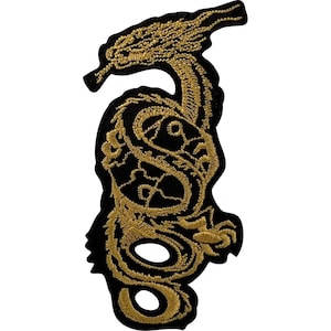 May include: An embroidered patch featuring a stylized dragon in metallic gold thread against a solid black background. The dragon is depicted in a coiled, serpentine posture with its head facing left, showcasing intricate scale and claw details.