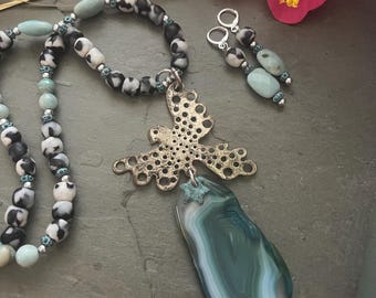Tribal necklace, Dove necklace, African glass necklace, blue necklace and blue earrings