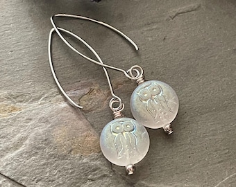 Czech Glass Owl Earrings, Iridescent White, Silver Ear Wires