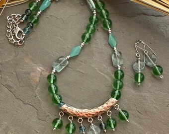 Aqua and Green necklace, vintage Druk beads, silver necklace, aquamarine earrings