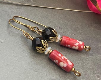 Coral black and white earrings, coral earrings, jet glass earrings