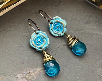 Turquoise Rose Earrings, Czech Glass, Wire Wrapped