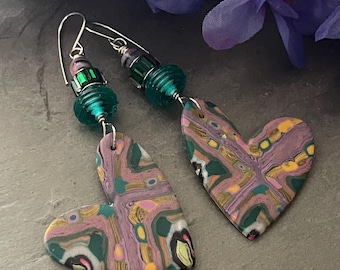Heart earrings, purple and green, clay hearts, unique ooak