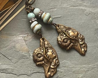 Bronze Bonnet Girl Earrings, Teal Larimar Accents *rare* OOAK
