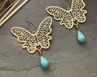 Butterfly earrings, turquoise earrings