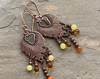 Copper earrings, amber glass, artisan lampwork