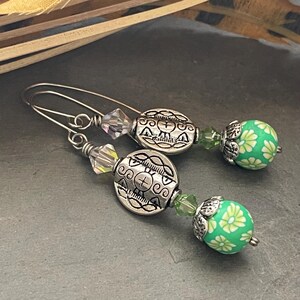 Flower earrings, floral earrings, green earrings, green flower earrings, tribal earrings