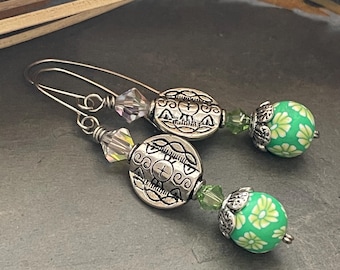 Flower earrings, floral earrings, green earrings, green flower earrings, tribal earrings