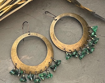 Fluorite Czech Glass Flower Earrings, Brass Chandelier Style *OOAK*