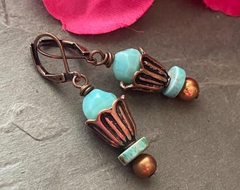 Turquoise earrings, Czech glass earrings