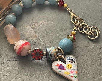 Enameled Heart Charm Bracelet, Lake Blue Jasper, Artisan Lampwork Glass