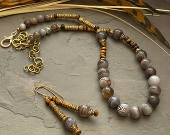 African Botswana Agate necklace and earrings, tribal brass necklace, gray jewelry, agate earrings, gray earrings, tribal earrings