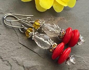 Red glass earrings, crystal earrings, festive earrings