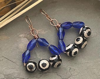 Handmade Periwinkle Blue Glass Earrings, Black White Agate, Copper Wire