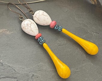 Summer earrings, yellow orange earrings, lampwork glass earrings, Tribal earrings,