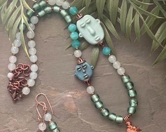 Artisan Ceramic faces necklace and earrings, mint green jewelry