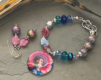 Flower girl bracelet and earrings, magenta pink and blue jewelry