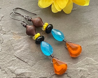 Summer earrings, blue and orange earrings, yellow earrings, Czech glass earrings