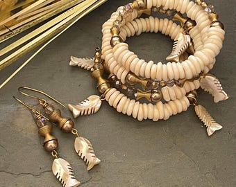 Ivory bracelet set,  fish charm, fishbone bracelet, earrings