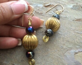 Brass earrings, Vintage brass and black glass crystal earrings,  gold fill earrings, ladies gift