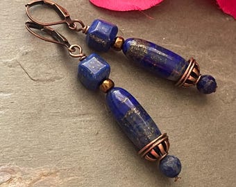 Lapis earrings, copper accents