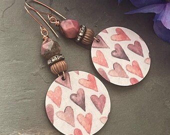 Heart earrings, pink hearts, rare and ooak