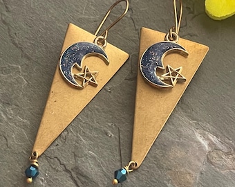 Moon and Stars earrings, brass earrings, blue