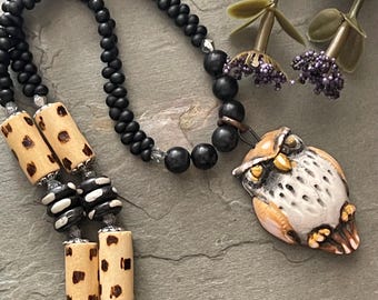 Owl necklace, tribal wood jewelry, wood necklace