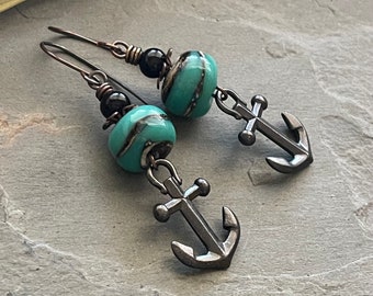 Anchor earrings, teal lampwork earrings