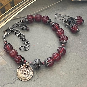 Cranberry red bracelet and earrings, red vintage glass, gunmetal bracelet