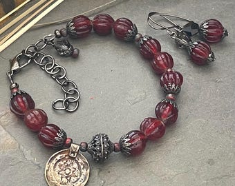 Cranberry red bracelet and earrings, red vintage glass, gunmetal bracelet