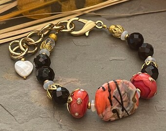 Coral bracelet, lampwork bracelet,  black and white bracelet