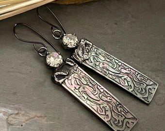 Engraved Gray shell earrings, crystal earrings