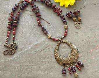Czech Glass Pendant Necklace, Garnet Red Picasso, Bronze Plated *rare* *OOAK*