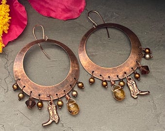 Cowboy earrings, Cowgirl earrings, copper chandelier earrings, large copper earrings