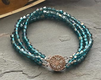 Crystal bracelet, teal, turquoise and sterling silver