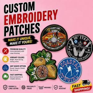 May include: Four circular and shaped embroidered patches featuring diverse designs: a 330 Flight Line aviation emblem, a 16 ITAF Texan military patch, a Coastal Cowgirl graphic with palm trees, and a cluster of yellow lemons with green leaves and white flowers.