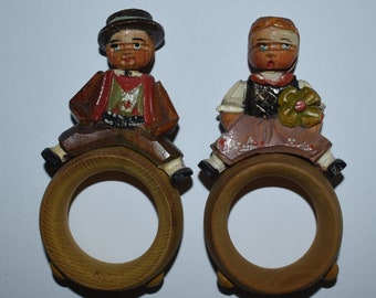 NAPKIN RINGS Hand-carved Wooden Boy/Girl German  - FREE Shipping