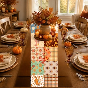 Runner da tavola autunnale in patchwork, decorazione autunnale per la tavola del Ringraziamento a tema raccolto.