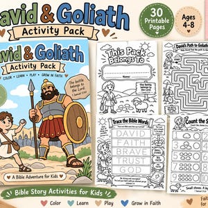 Paquete de actividades de David y Goliat, páginas para colorear cristianas, material imprimible para la escuela dominical para niños.