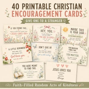 Peut inclure: Une collection de cartes d'encouragement chrétiennes imprimables ornées d'illustrations florales, de cœurs et de papillons. Les cartes présentent divers messages inspirants et versets bibliques, incluant des phrases comme Jesus Loves You, You Are So Loved et Don't Give Up.