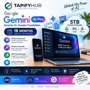 以下が含まれることがあります： TapifyHubのGoogle Gemini AI Proデジタルプロモーション画像。Geminiインターフェースを表示したノートパソコンとスマートフォンが写っており、18ヶ月のアクセス権、5TBのクラウドストレージ、AI機能に関するテキストが記載されています。