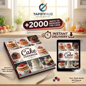 Könnte beinhalten: Ein digitales Kochbuch mit dem Titel The Cake Cookbook, das eine Collage verschiedener Kuchen auf dem Cover und einem Tablet-Bildschirm zeigt. Der Text umfasst +2000 WAYS TO REINVENT THE CAKE, INSTANT DELIVERY und Discover 2000+ Amazing New Recipes. Zwei Schneebesen, Beeren und Mehl sind abgebildet.