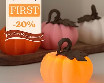 May include: A collection of small, rounded pumpkin-shaped decorative lights in orange, pink, and white, each featuring a dark brown stem and leaf detail. The orange pumpkin in the foreground is illuminated, and a banner displays the text With code FIRST -20% for first 10 customers.