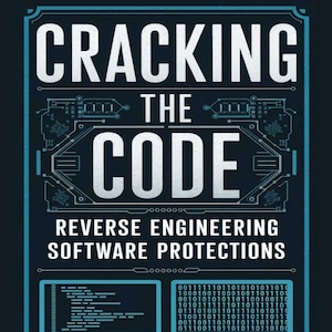 May include: A book cover titled Cracking the Code: Reverse Engineering Software Protections by Soren Veyron. The dark blue cover features white text, a digital circuit graphic, two computer monitors displaying code and binary, and a small key icon.