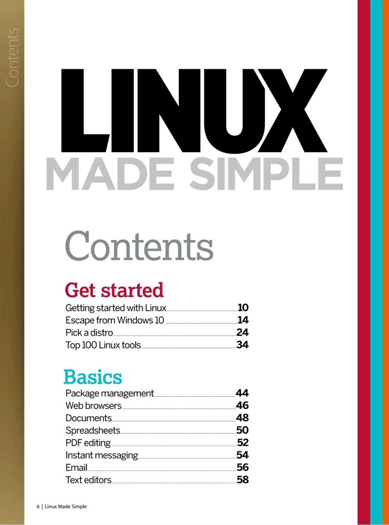 May include: A page from the book Linux Made Simple featuring a table of contents. The text includes sections titled Get started and Basics, with subtopics like Getting started with Linux, Escape from Windows 10, and various software tools.