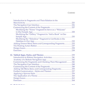 Pu&ograve; includere: Una pagina di indice in bianco e nero tratta da un libro tecnico. Il testo elenca il capitolo 11, Navigation Drawers and Implementing Fragments, il capitolo 12, Tabbed Apps, Styles, and Themes, il capitolo 13, Hybrid Apps e il capitolo 14.